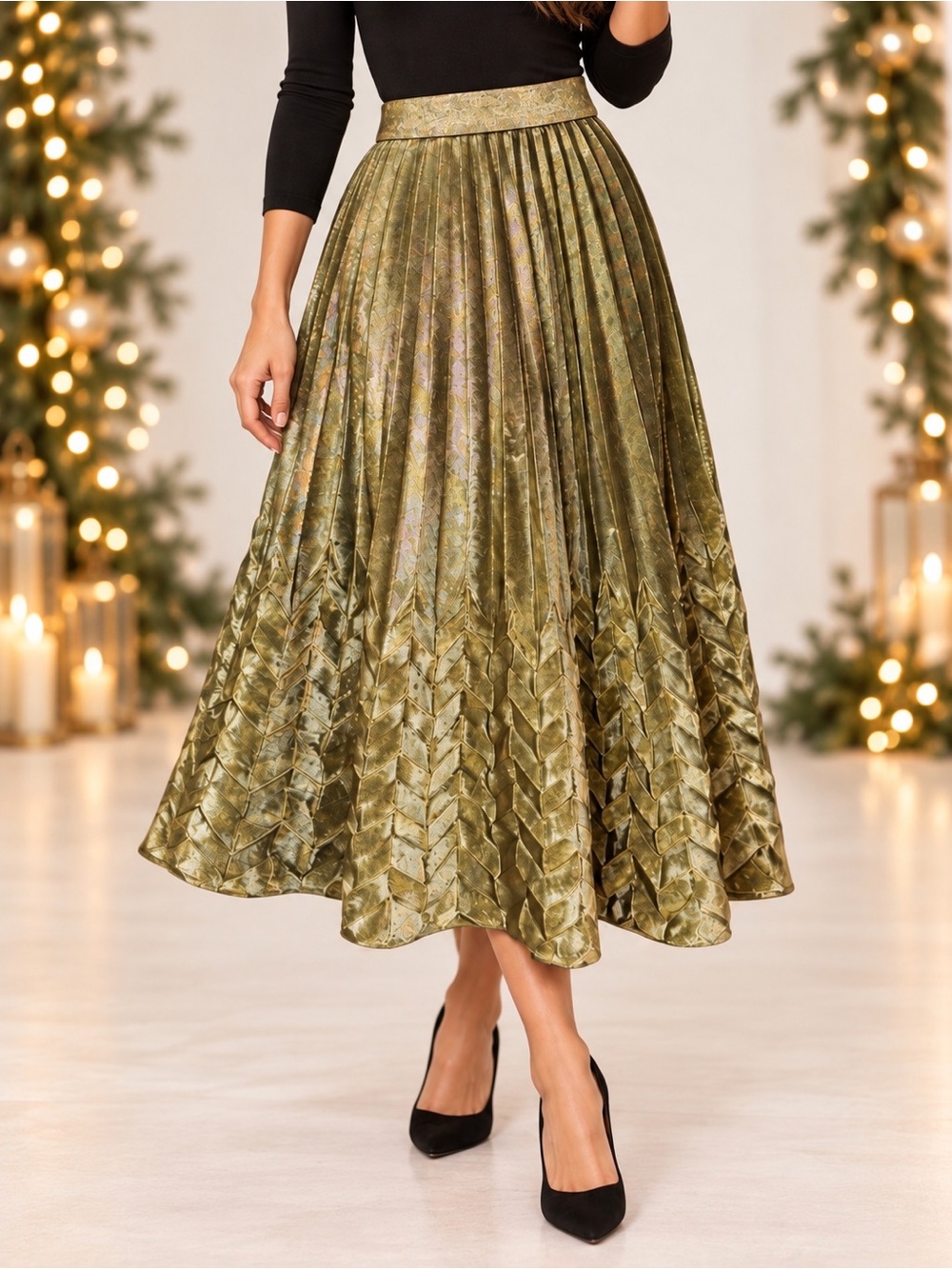 WD.NY Metallic Gold Pleated Chevron Midi Skirt Size M